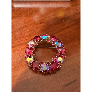 Gold Tone Karu  Red AB Rhinestone Wreath Brooch 1.75"